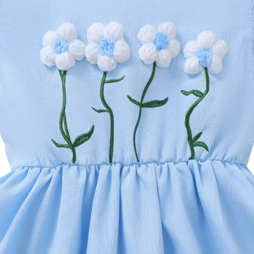 The Cali - Toddler Girls 3PCS Blue Dress with 3D Flower and Pocket Summer Outfit