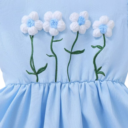 The Cali - Toddler Girls 3PCS Blue Dress with 3D Flower and Pocket Summer Outfit