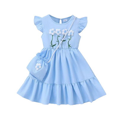 The Cali - Toddler Girls 3PCS Blue Dress with 3D Flower and Pocket Summer Outfit
