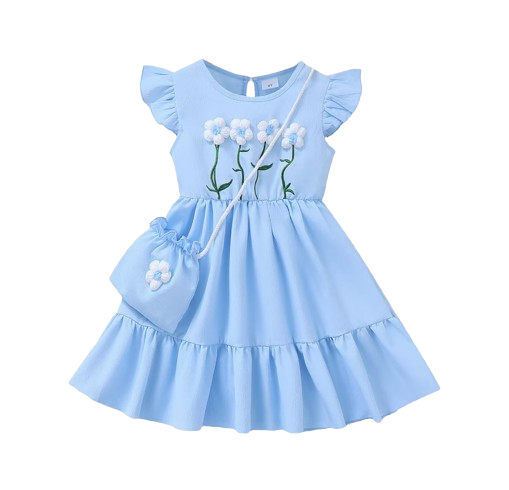 The Cali - Toddler Girls 3PCS Blue Dress with 3D Flower and Pocket Summer Outfit