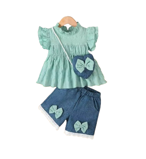 The Sevyn - Toddler Baby Girl 3PCS Outfit Ruffle Top Blue Shorts with Heart Bag