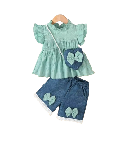 The Sevyn - Toddler Baby Girl 3PCS Outfit Ruffle Top Blue Shorts with Heart Bag
