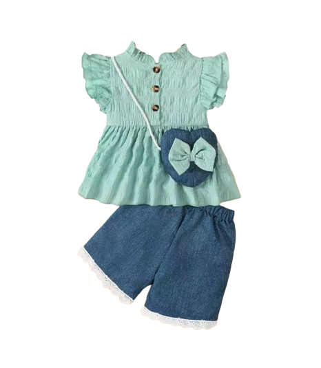The Sevyn - Toddler Baby Girl 3PCS Outfit Ruffle Top Blue Shorts with Heart Bag