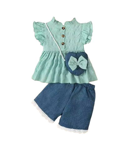 The Sevyn - Toddler Baby Girl 3PCS Outfit Ruffle Top Blue Shorts with Heart Bag