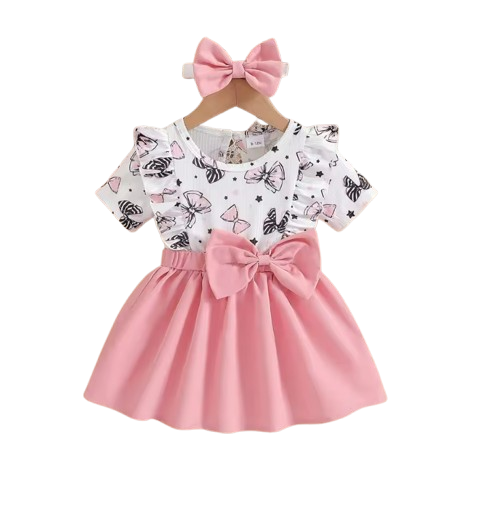 The Imani - Baby Girl Cartoon Bow Dress & Headband Pleated Summer Outfit 2PCS Set