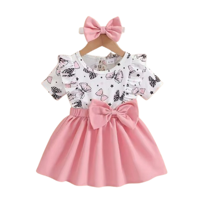 The Imani - Baby Girl Cartoon Bow Dress & Headband Pleated Summer Outfit 2PCS Set