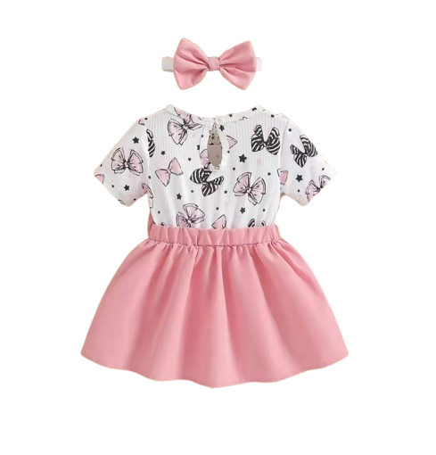The Imani - Baby Girl Cartoon Bow Dress & Headband Pleated Summer Outfit 2PCS Set