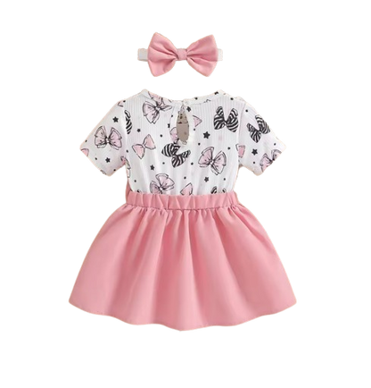 The Imani - Baby Girl Cartoon Bow Dress & Headband Pleated Summer Outfit 2PCS Set