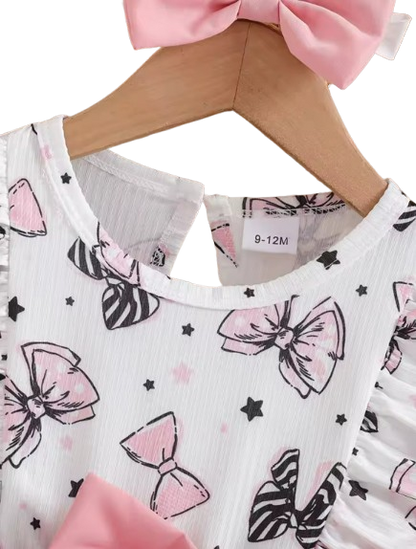 The Imani - Baby Girl Cartoon Bow Dress & Headband Pleated Summer Outfit 2PCS Set