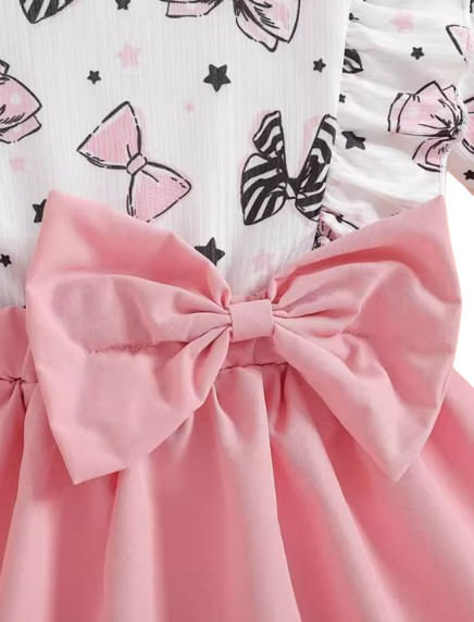 The Imani - Baby Girl Cartoon Bow Dress & Headband Pleated Summer Outfit 2PCS Set