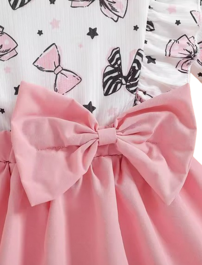 The Imani - Baby Girl Cartoon Bow Dress & Headband Pleated Summer Outfit 2PCS Set