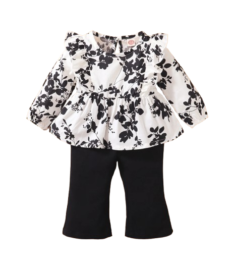 The Reina - Infant Baby Girl Floral Long Sleeve Top and Flared Pants Outfit 2PCS