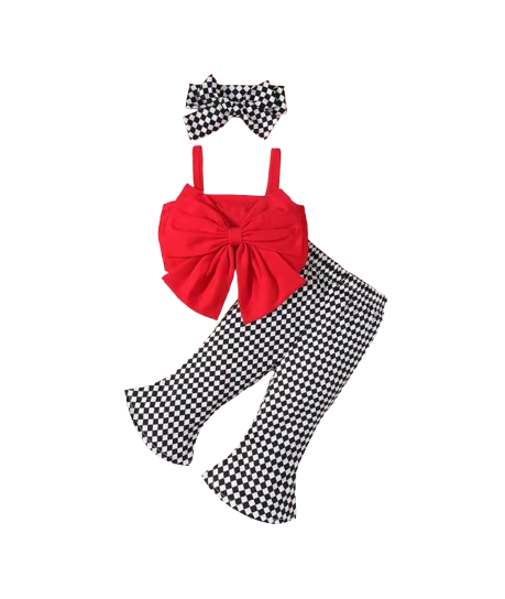 The Noemi - Baby Girl Plaid Suspender Outfit Large Bow Bell Bottoms Headband Set