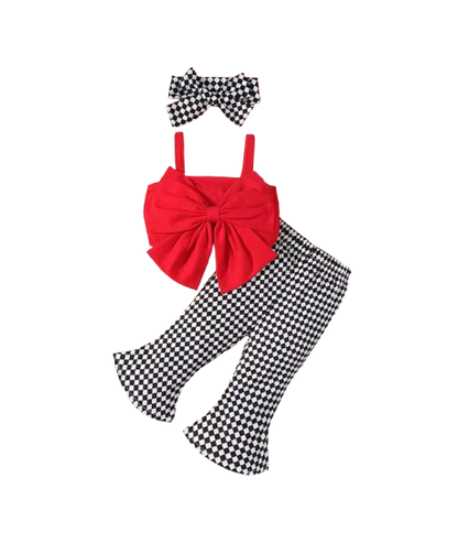 The Noemi - Baby Girl Plaid Suspender Outfit Large Bow Bell Bottoms Headband Set