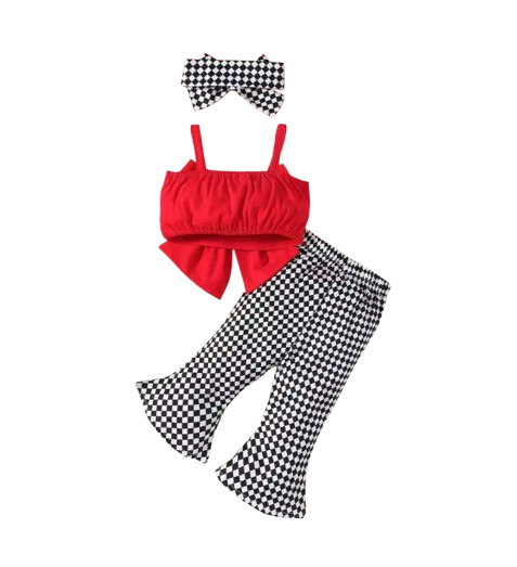 The Noemi - Baby Girl Plaid Suspender Outfit Large Bow Bell Bottoms Headband Set