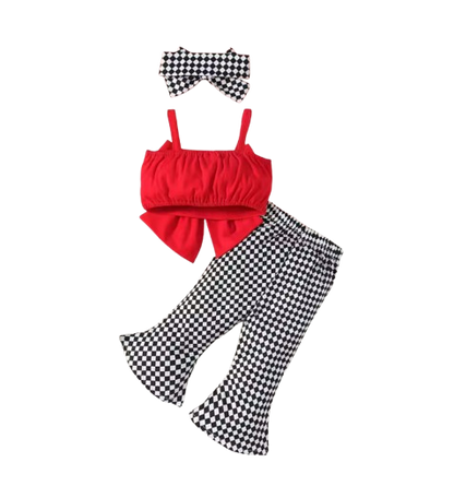 The Noemi - Baby Girl Plaid Suspender Outfit Large Bow Bell Bottoms Headband Set