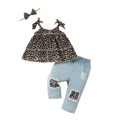 The Jennifer - Baby Girl 3PCS Leopard Bow Top Blue Jeans and Headband Clothing Set
