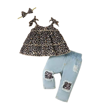 The Jennifer - Baby Girl 3PCS Leopard Bow Top Blue Jeans and Headband Clothing Set