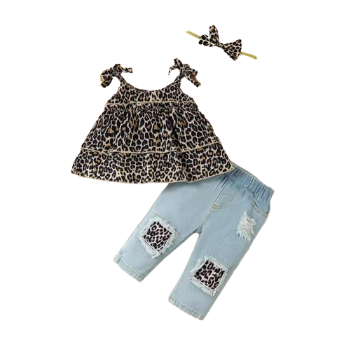 The Jennifer - Baby Girl 3PCS Leopard Bow Top Blue Jeans and Headband Clothing Set