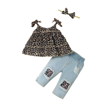 The Jennifer - Baby Girl 3PCS Leopard Bow Top Blue Jeans and Headband Clothing Set