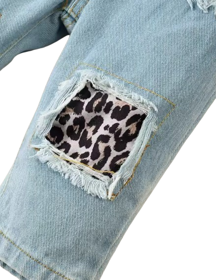 The Jennifer - Baby Girl 3PCS Leopard Bow Top Blue Jeans and Headband Clothing Set