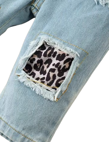 The Jennifer - Baby Girl 3PCS Leopard Bow Top Blue Jeans and Headband Clothing Set