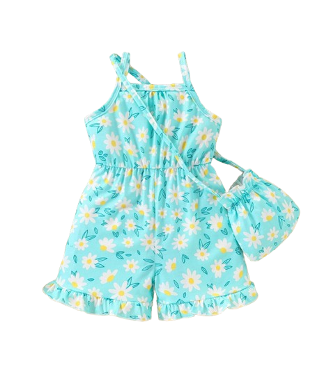 The Alia - Toddler Baby Girl Floral Print Suspender Jumpsuit and Bag Summer Wear
