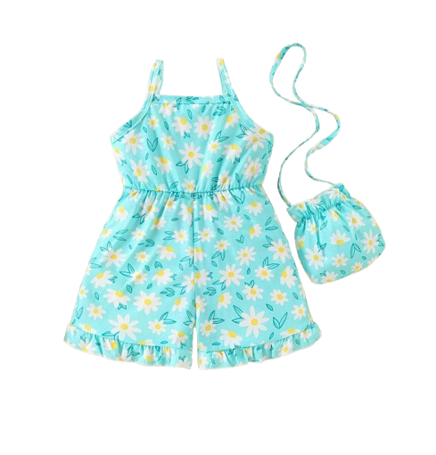 The Alia - Toddler Baby Girl Floral Print Suspender Jumpsuit and Bag Summer Wear