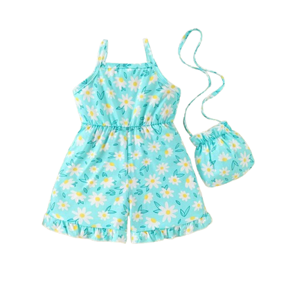 The Alia - Toddler Baby Girl Floral Print Suspender Jumpsuit and Bag Summer Wear