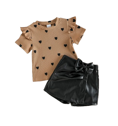 The Chaya - Girls Heart Print Top & Black Pants Set Bow Detail Summer Outfit 2PCS