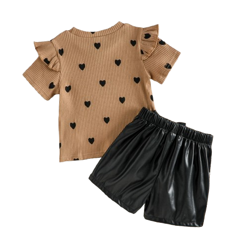 The Chaya - Girls Heart Print Top & Black Pants Set Bow Detail Summer Outfit 2PCS