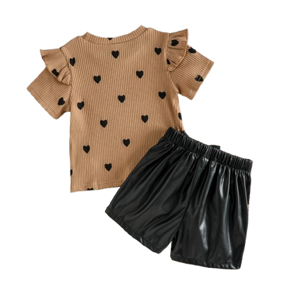 The Chaya - Girls Heart Print Top & Black Pants Set Bow Detail Summer Outfit 2PCS