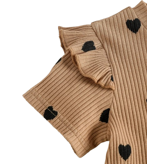 The Chaya - Girls Heart Print Top & Black Pants Set Bow Detail Summer Outfit 2PCS
