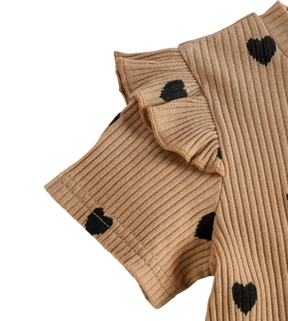 The Chaya - Girls Heart Print Top & Black Pants Set Bow Detail Summer Outfit 2PCS