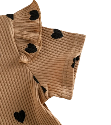 The Chaya - Girls Heart Print Top & Black Pants Set Bow Detail Summer Outfit 2PCS