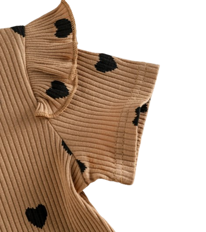 The Chaya - Girls Heart Print Top & Black Pants Set Bow Detail Summer Outfit 2PCS