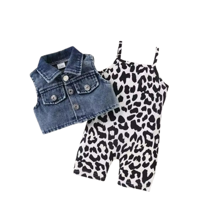 The Mara - Kids Denim Vest & Leopard Print Jumpsuit Shorts Set Fashion Outfit 2PCS
