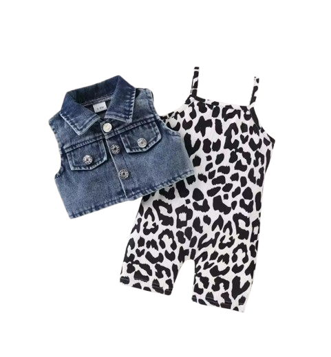 The Mara - Kids Denim Vest & Leopard Print Jumpsuit Shorts Set Fashion Outfit 2PCS