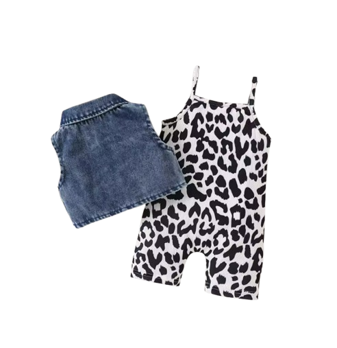 The Mara - Kids Denim Vest & Leopard Print Jumpsuit Shorts Set Fashion Outfit 2PCS