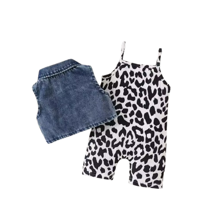 The Mara - Kids Denim Vest & Leopard Print Jumpsuit Shorts Set Fashion Outfit 2PCS