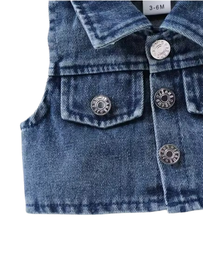 The Mara - Kids Denim Vest & Leopard Print Jumpsuit Shorts Set Fashion Outfit 2PCS