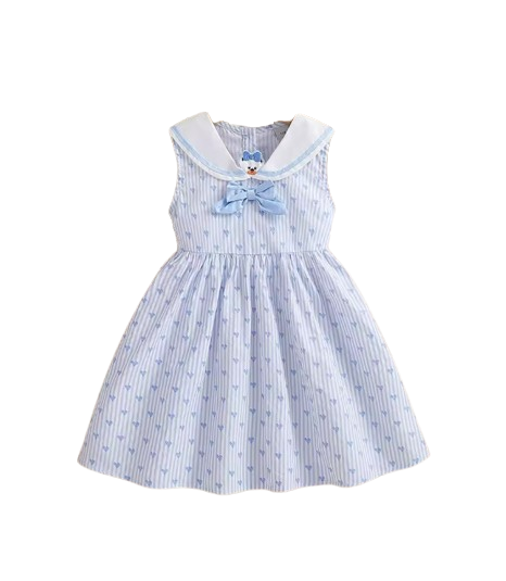 The Makenna - Girls Striped Heart Print Dress Cotton White Collar Summer Outfit 2-6Y