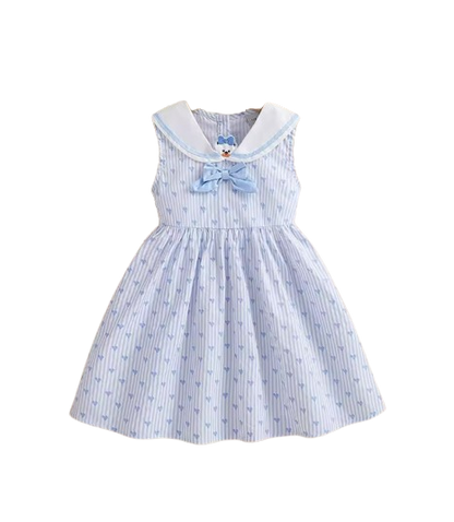 The Makenna - Girls Striped Heart Print Dress Cotton White Collar Summer Outfit 2-6Y
