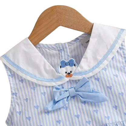 The Makenna - Girls Striped Heart Print Dress Cotton White Collar Summer Outfit 2-6Y