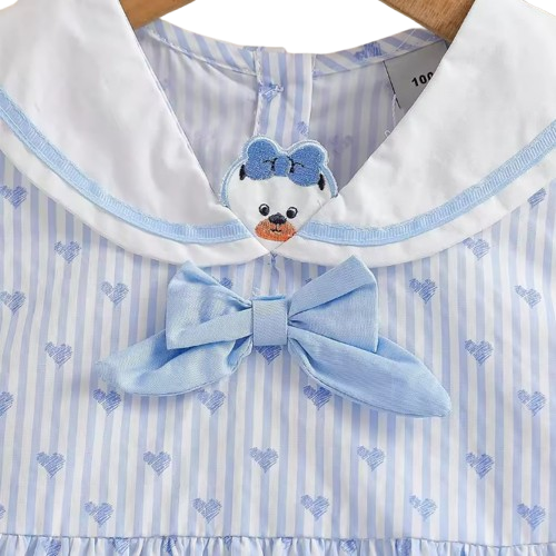 The Makenna - Girls Striped Heart Print Dress Cotton White Collar Summer Outfit 2-6Y