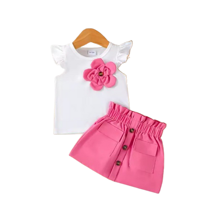 The Halle - Baby Girl 2PCS 3D Flower Ruffle Sleeve Top Pink Skirt Summer Outfit