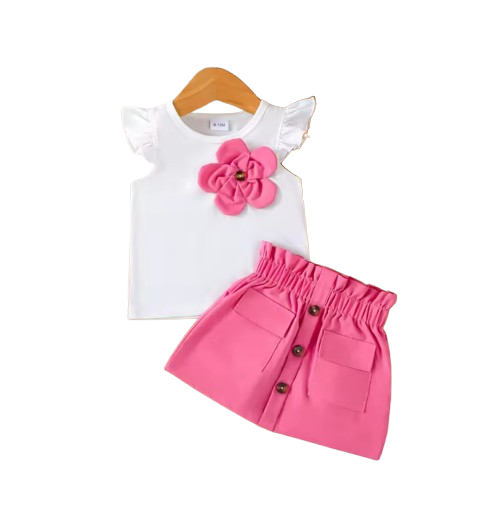The Halle - Baby Girl 2PCS 3D Flower Ruffle Sleeve Top Pink Skirt Summer Outfit