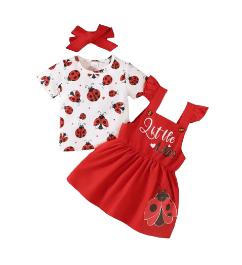 The Mina - Baby Girl 3PCS Ladybug Outfit T-Shirt Suspender Skirt Headband Set