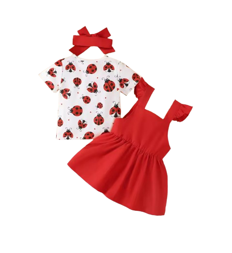 The Mina - Baby Girl 3PCS Ladybug Outfit T-Shirt Suspender Skirt Headband Set