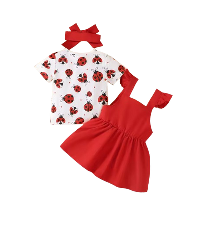 The Mina - Baby Girl 3PCS Ladybug Outfit T-Shirt Suspender Skirt Headband Set